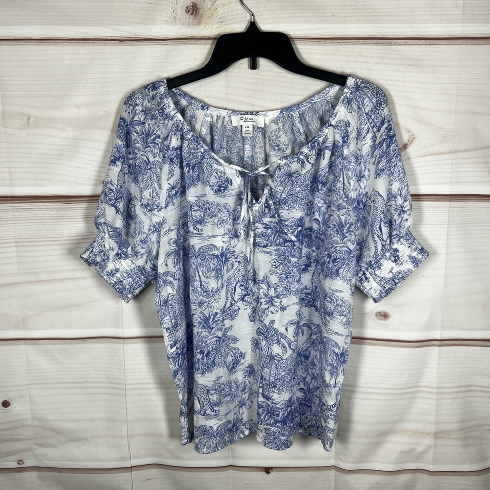 C By One Toile Print Blouse Women Large‎ Blue White Animal Tropical Tie Neck Top